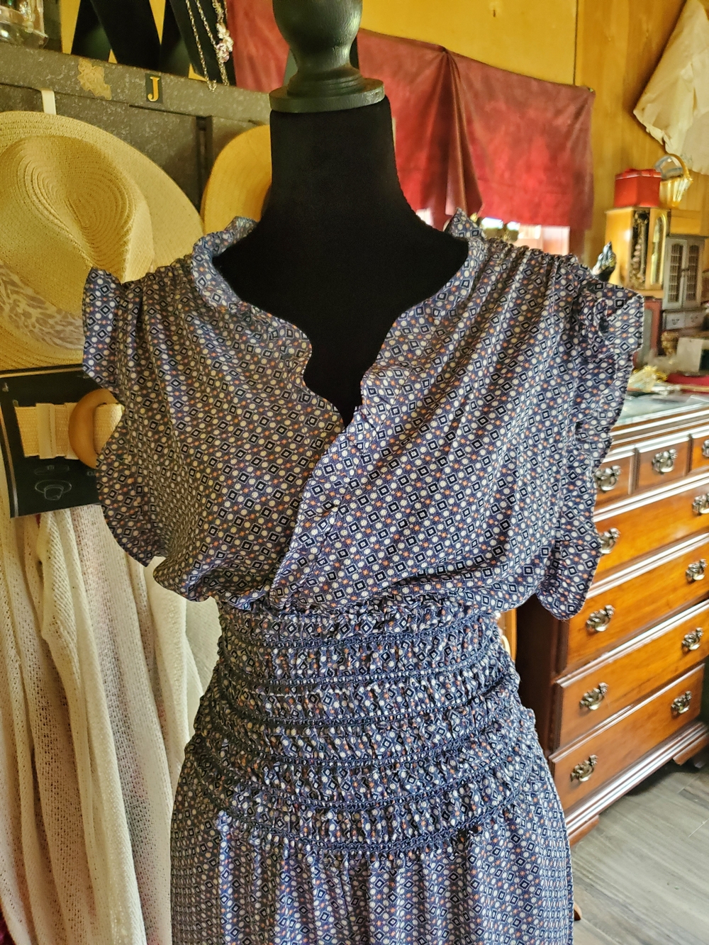 Max Studio Blue Polka Dot Jumpsuit with Smocked Waist & Ruffled V-Neck & Sleeves